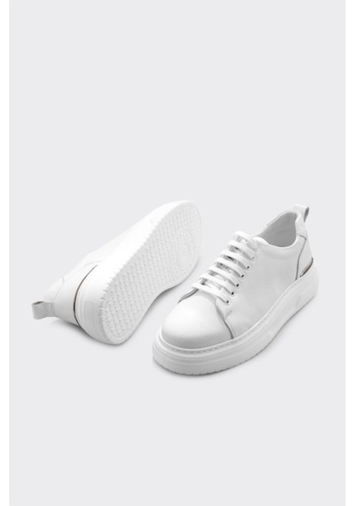 Derinet Hakiki Deri Bağcıklı Yüksek Taban Erkek Sneaker Beyaz Beyaz