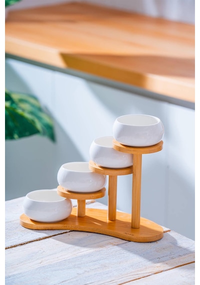 Acar Yam-07545/12 Pamira Bambu Standlı 4'lü Porselen Kase Seti - 8.5 Cm Beyaz