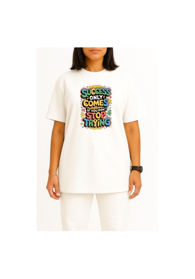 Bahriyeli Collection Oversize Başarı Sadece Denemeyi Bırakmazsan Gelir Göğüs Baskılı Unisex T-shirt Beyaz
