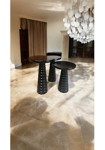 Ahşap Mantar Sehpa 3lu Set Siyah Renk Yan Sehpa Takımı - Modern Tasarım Zigon Sehpa Seti Siyah