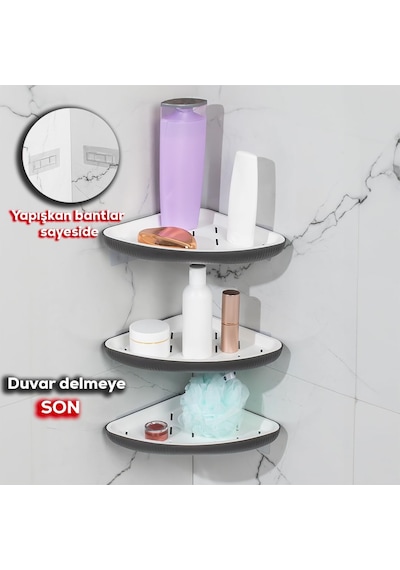 Ayrex Porsima 0447 3'lü İstiridye Banyo Köşe Rafı - Yapışkanlı Duş Rafı Banyo Düzenleyici Organizer - Antrasi Diğer