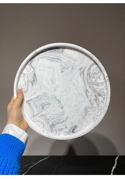 Betonmall Mermer Desenli Sunum Tepsisi Yuvarlak Sunum Tabağı Sunumluk 28 Cm - Gri Beyaz
