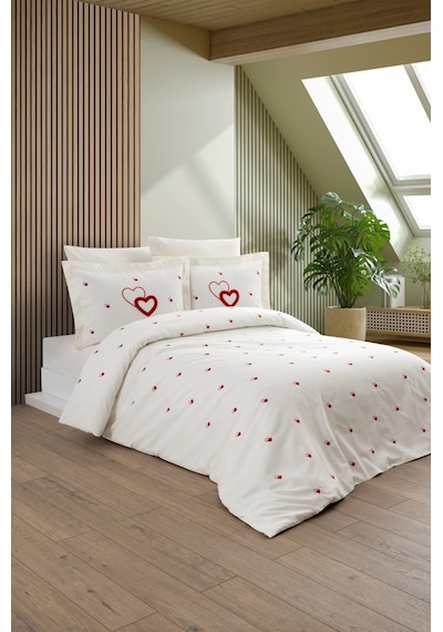 Kalp Nakışlı Çift Kişilik Nevresim Takımı - 6 Parça Lüks Set - Düğün & Çeyiz Takımı - Tivoli Ekru