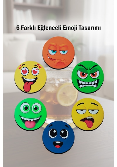 Eğlenceli Emoji Yüzler Baskılı Ahşap Bardak Altlığı Seti 6'lı Kahve & Fincan Altlığı Çok Renkli