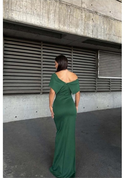 Lior Design Kadın Trend Dik Yaka Taş Detaylı Maxi Abiye Elbise Zümrüt