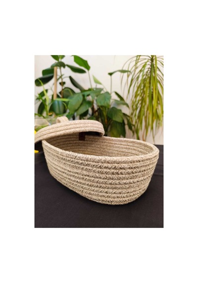 Hasır Jüt Sepet Oval Kapaklı Organizer Düzenleyici 30x20x10 Cm Taş Taş