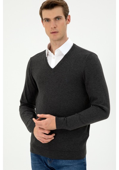 U.S. Polo Assn. Erkek Slim Fit V Yaka Antrasit Melanj Basic Kazak 50294764-VR081