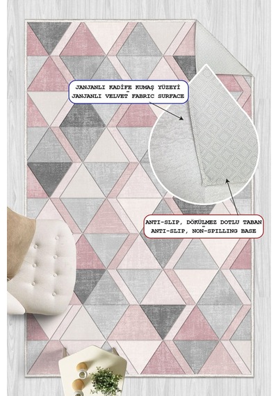 Geometrik Desen Dijital Baskılı Dekoratif Kaymaz Taban Yıkanabilir Halı Salon Oturma Odası Halısı Yolluk Pembe