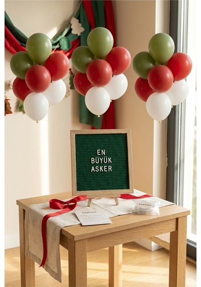 Asker Uğurlama Süsleme Classic Set Koyu Yeşil Keçe Yazı Panosu Standlı Balon Zincirli En Büyük Asker Seti Tüm Yaşlar