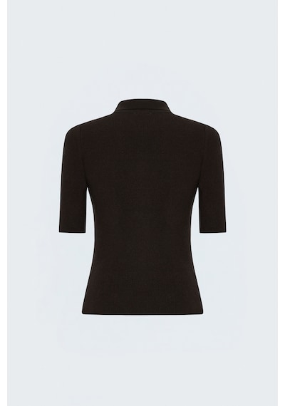 Sateen Kısa Kollu Fermuarlı Triko - Kahve-137886