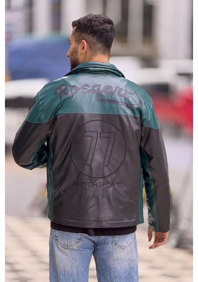 Rocqerx X-2024 Nakış Detaylı İçi Kapitoneli Deri Mont YESIL