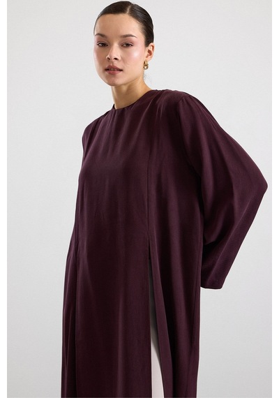 Olcay Derin Yırtmaçlı Oversize Uzun Tunik Mürdüm 9838