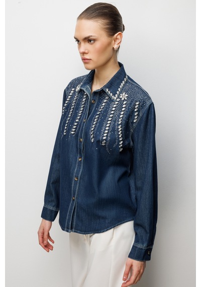 Ekol Taş İşlemeli Denim Görünümlü Kadın Gömlek 26y.ekl.gml.02910.1 İndigo