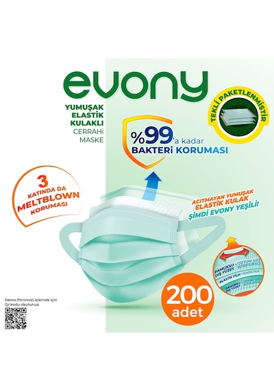Evony Yumuşak Elastik Kulaklı Tekli Paketlenmiş Cerrahi Maske 200