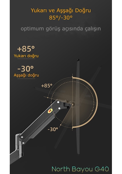 North Bayou Nb G45 Gaz Yay Kolu 27-40 Inç Ekran Masaüstü Monitör Tutucu 360 3-12kg