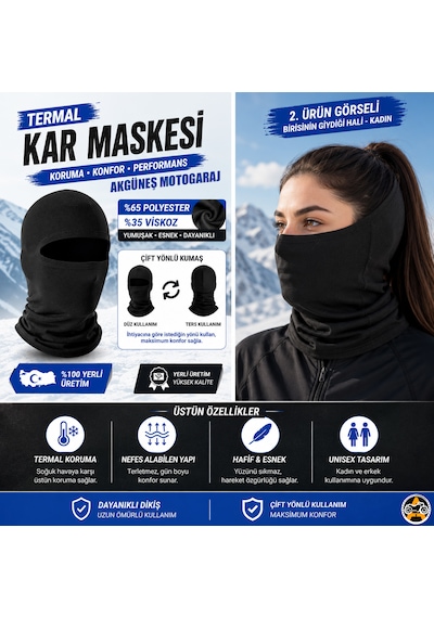 Akgüneş Motogaraj Termal Kar Maskesi Balaklava 2'li Set Motosiklet Kışlık Soğuk Hava Koruyucu 2 Adet Siyah