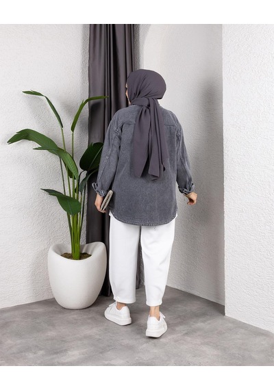 Hb Harma Time Butik Kadın Yıkamalı Cepli Denim Koyu Gri Ceket