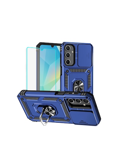 Samsung Galaxy A16 Uyumlu Kamera Sürgülü Tank Kılıf Ve Temperli Cam Ekran Koruyucu Set Lacivert