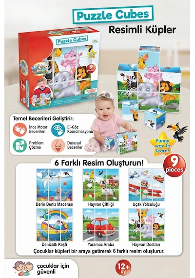 Eğitici Resimli Küpler 9 Parça Bebek Puzzle 6 Farklı Görsel 1 Yaş Ve Üzeri Zeka Geliştirici