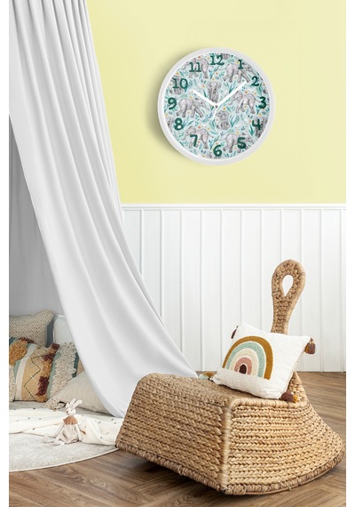 Sevimli Fil Temalı Çocuk Odası Modern Duvar Saati - 25cm - Önü Camlı Beyaz Kasa - Sessiz Mekanizma-jh0190 Beyaz