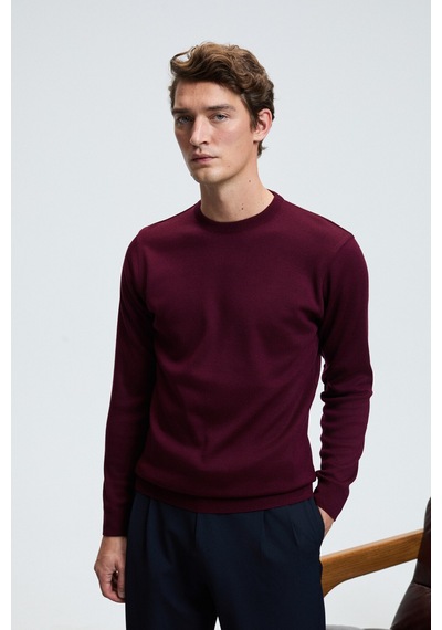 Grimelange VAREX Erkek Yuvarlak Yaka Basic Slim Fit Triko Bordo Kazak