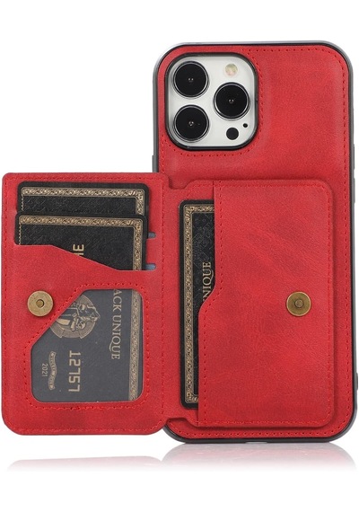 Iphone 13 Pro Max Uyumlu Kart Bölmeli Cüzdanlı Deri Kılıf Kırmızı