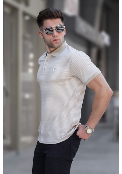 Madmext Bej Çizgili Polo Yaka Tişört 5881-bej Bej