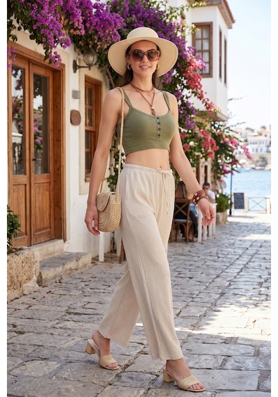 Lela Regular Fit Normal Bel Geniş Paça Bayan Pantolon 5866117 Taş