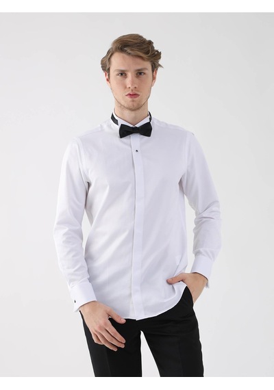 Dufy Beyaz Erkek Slim Fit Düz Ata Yaka Duble Manşetli Kol Gömlek - 94418-beyaz Beyaz