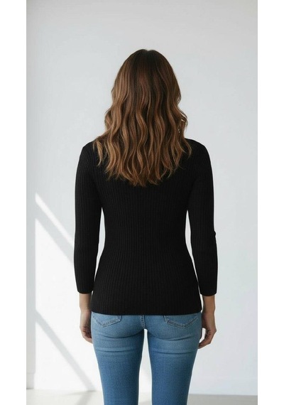 Miss Poem Kadın Siyah Fitilli Balıkçı Yaka Slim Fit Triko Kazak Siyah