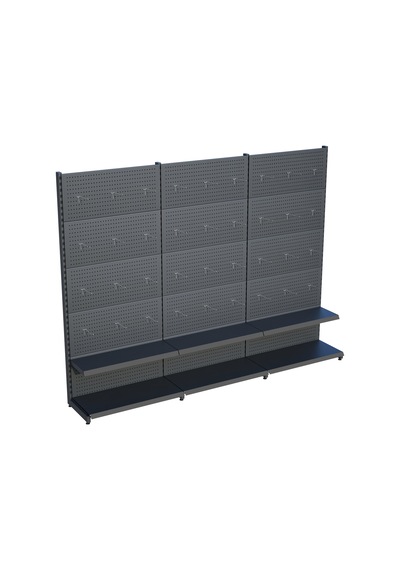 Antrasit Metal Delikli 3'lü Birleşik 2 Katlı Market Raf Sistemi Hırdavat Rafı G270cm Yükseklik H220 Cm Siyah