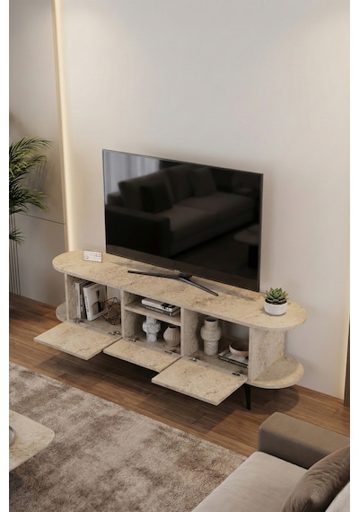 Tv Sehpası 160 Cm Modern 3 Kapaklı Tv Sehpa Çok Amaçlı Konsol Ünitesi Mira Ekru