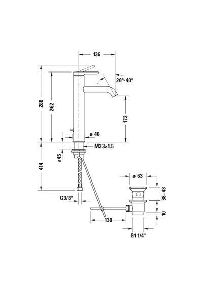 Duravit - C.1 Tezgah Üstü Lavabo Bataryası L Boy Sifon Kumandalı - C11030001010- Krom
