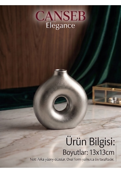 13x13cm - Premium -dekoratif Donut Vazo - Kendinden Kokulu - El Boyaması İşçilik Gümüş