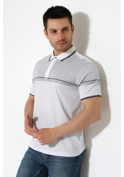 Rıbana Classıc Fermuar Detaylı Desenli Pamuklu Polo Yaka T-shirt Beyaz