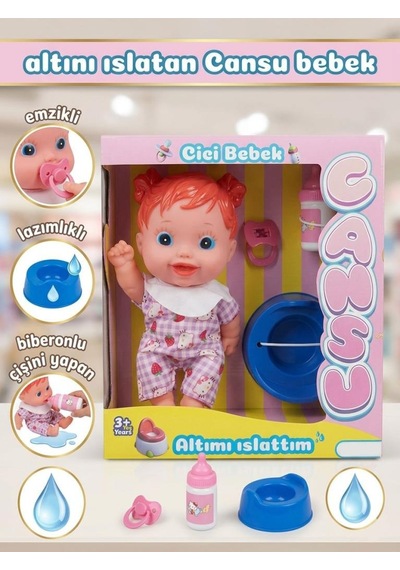 Cansu Bebek: Altını Islatan Renkli Saçlı 4 Parçalı Biberonlu Emzikli Lazımlıklı Oyuncak Bebek Seti Turuncu