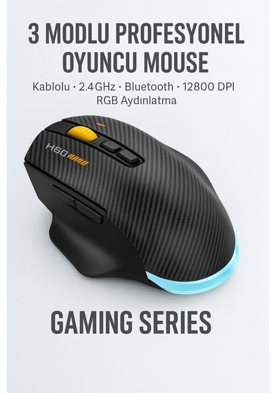 W601 Tri-mode Gaming Mouse 12800 Dpı, Rgb, Bt + 2.4ghz + Kablolu, Type-c Şarjlı Oyuncu Mouse 601