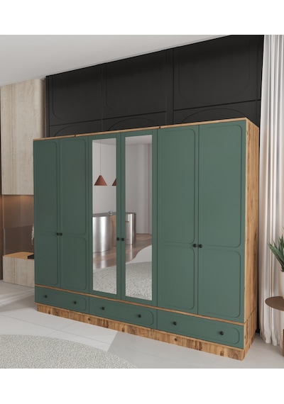 Irmak 6 Kapaklı Çekmeceli Bazalı Gardırop - Tamamı Mdf Yeşil