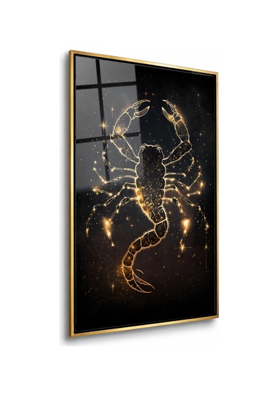 Siyah Fonda Yıldızlarla Çizilmiş Parlak Altın Akrep Gold Çerçeveli Cam Tablo