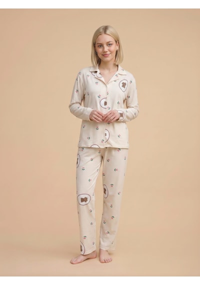 Wordex Mirano 9828 Şardonlu Soft Kışlık Düğmeli Çiçekli Ayıcıklı Kadın Pijama Takımı Bej