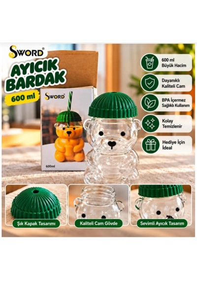Ayıcık Tasarımlı Cam Bardak 600 Ml Sevimli Kapaklı Büyük Hacimli Kupa Bardak Şeffaf Cam