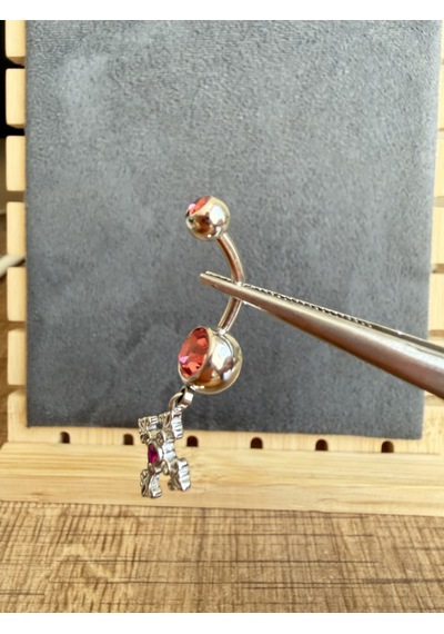 %100 316 L Cerrahi Çelik Gamalı Haç Sallantı Pembe Zirkon 10x1,6mm Göbek Piercing Gümüş