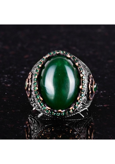 Gerçek Doğal Taş Yüzük - 925 Ayar Gümüş El Yapımı Yüzük Jade Gümüş