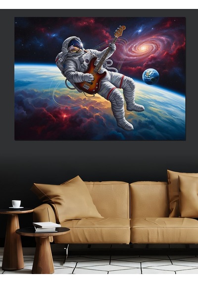 Uzayda Gitar Çalan Astronot Tablo Dekoratif Kanvas - Mdf Ahşap Tablo