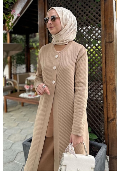Rabia Şamlı Sinem Çelik Örme Triko Hırka Bej Çok Renkli