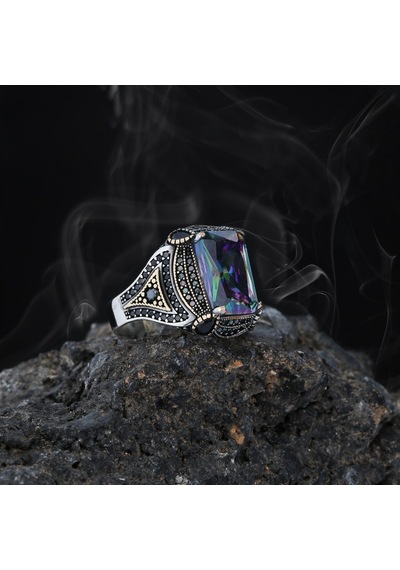 Mistik Topaz Ve Zirkon Taşlı Motifli Gümüş Erkek Yüzük