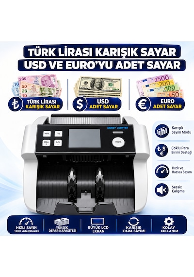 Hesapli Depom Al-5300 Karışık Tl Değer Sayan Para Sayma Makinesi Usd & Euro Adet Sayar Müşteri Ekranı Hediyeli