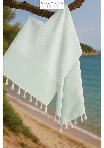 Calmera Çizgili Peştemal Pamuk - Doğal Saçaklı Plaj, Deniz, Havuz, Spa, Sauna, Spor, Seyahat Havlu - Yeşil