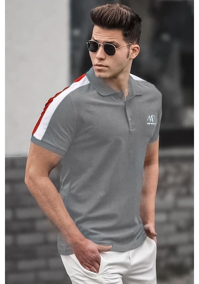 Madmext Füme Şeritli Polo Yaka Erkek Tişört 5215 Füme