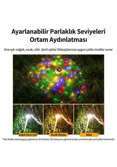 Güneş Enerjili Kamp Feneri 10 Metre Ledli Rgb 4 Işık Modlu Asılabilir Piknik Acil Durum Solar Feneri -